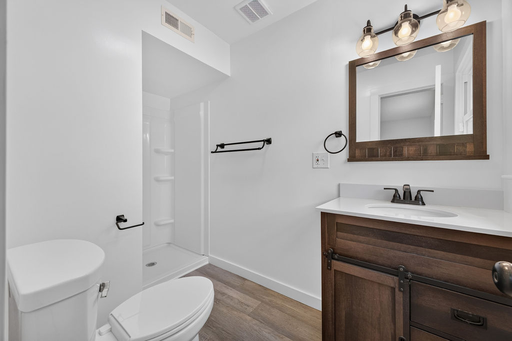 Lower-level full bath with walk-in shower and dark wood vanity