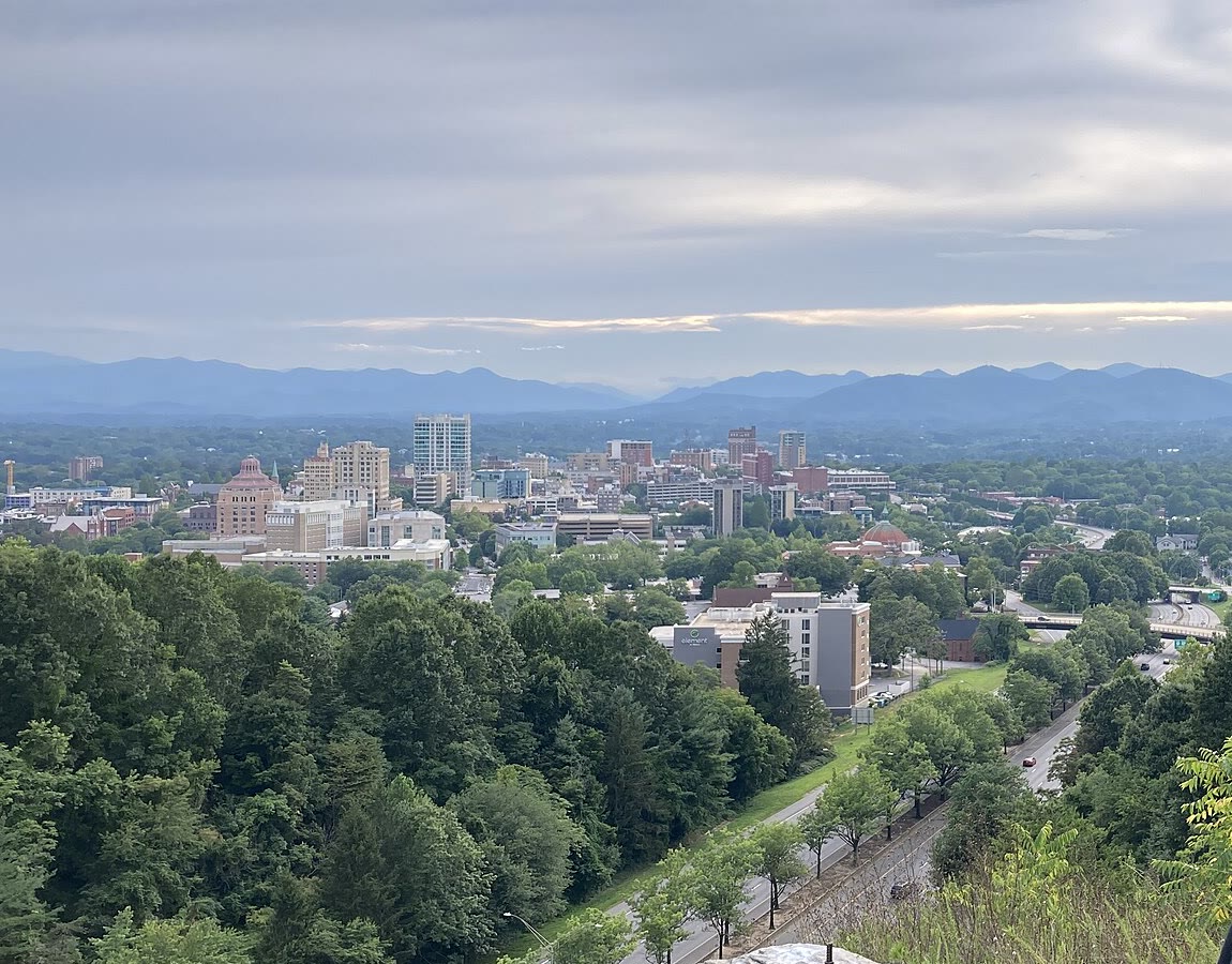 Asheville seen from Beaucatcher Mountain with the Blue Ridge on the horizon